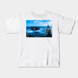 Swinging rope foot bridge and cable car to a rock island Kids T-Shirt